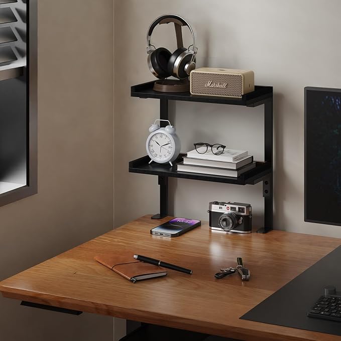 Clamp On Desk Shelf 2-Tier, 12.5 inche Wood Shelving Unit for Office Desk/Gaming Accessories, Tabletop Book Storage Rack, Shelf for Top & Under of Desk, Black