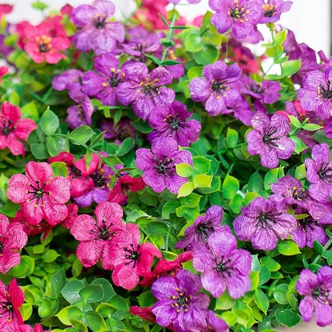 Artificial Flowers for Outdoor Indoor Garden Home Decoration, Faux Flower Daisy with Eucalyptus Leaves Fake Plants Greenery Boxwood Porch Patio, 12 Bundles (Purple Pink)