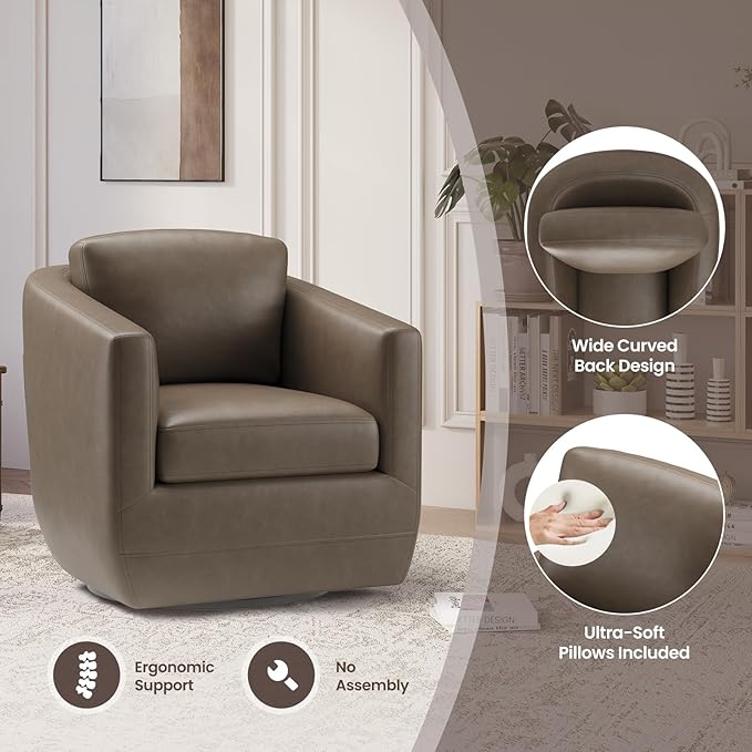 COLAMY 360° Swivel Accent Chair Set of 2 with Pillow, Leather Living Room Armchair No-Sag Foam & Sturdy Metal Base, Fully Assembled Swivel Single Sofa for Bedroom Living Room, Reading Room, Wolf Grey