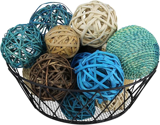 Blue Donuts Decorative Balls for Bowls Decorative Balls for Centerpiece Bowl Fillers, Assorted Rattan Wicker Balls Orb Grapevine Ball, Vase Fillers, Blue, Pack of 18