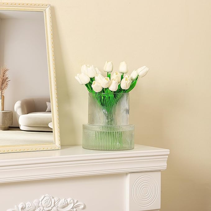 Ribbed Glass Vase, Large Glass Vase for Flowers, Fluted Glass Vases, Clear Glass Vases for Living Room, Office, Dining Table, Entryway, Mantle, Shelf, Wedding, 9 Inches