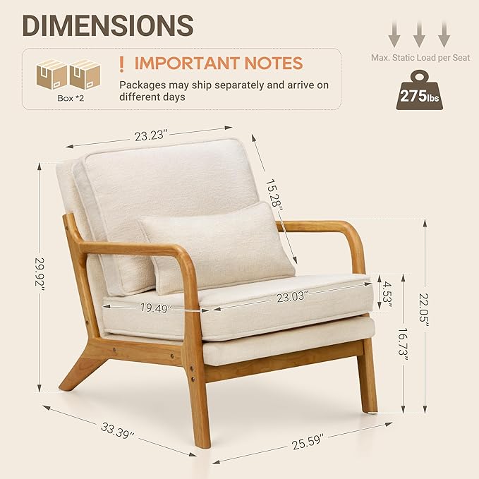 COLAMY Mid Century Modern Accent Chair Set of 2 with Lumbar Pillow, Relaxing Armchair with Solid Wood Frame & Soft Cushion, Reading Leisure Chair for Living Room（Beige）