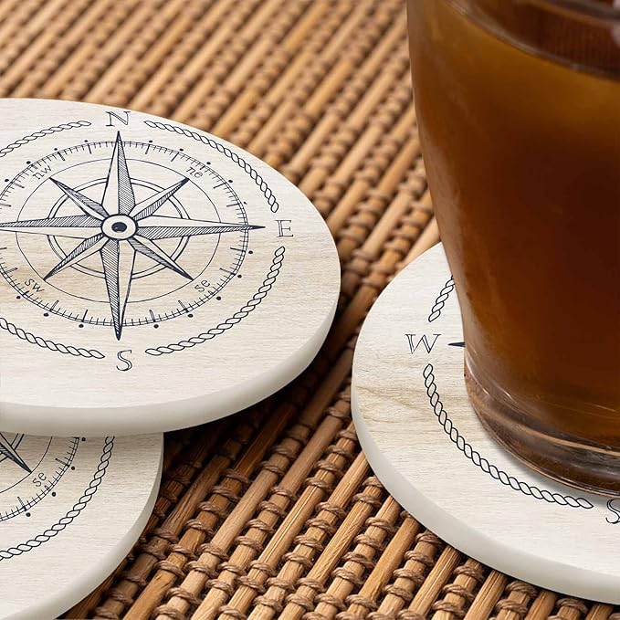 Compass Wind Rose Coaster for Drinks Individual Vintage Marine Geography Exploration Sign Wooden Background Presents for Housewarming Birthday and Family 100% Diatomite 4''X 4'',2 Pack