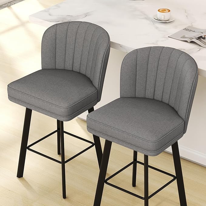 Swivel Counter Height Bar Stools Set of 3, 26'' Modern Barstools with Backs and Metal Legs, Upholstered Bar Chairs,Mid-Gray,Fabric Stools for Kitchen Island Chairs
