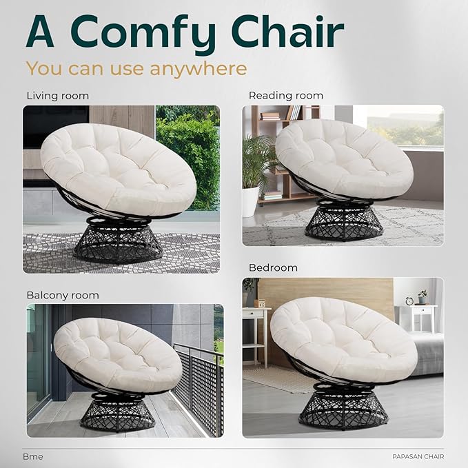 Bme 40" Ergonomic Wicker Papasan Chair with Soft Thick Cushion & Frame, 360° Swivel, Circle, Reading, Comfy Chair for Living Room, Bedroom