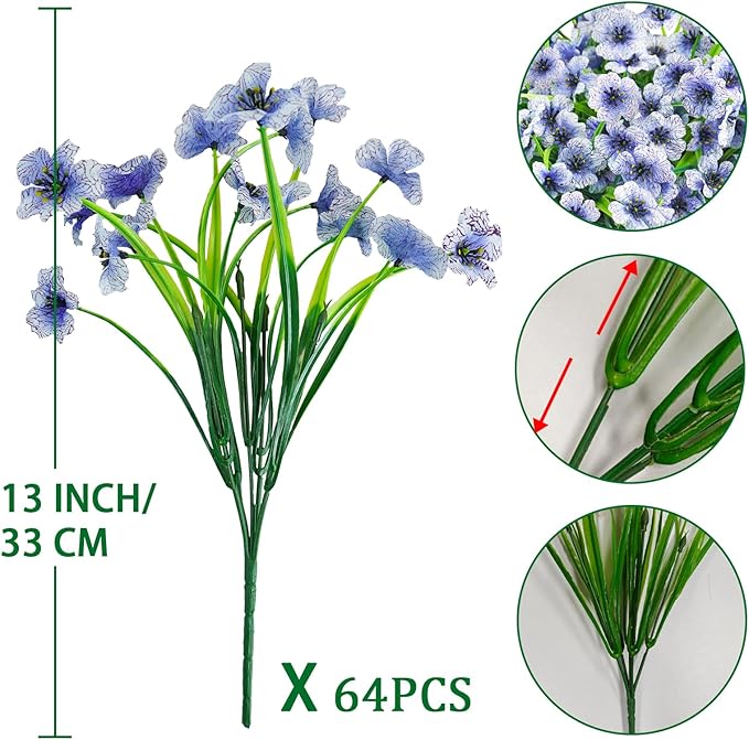 Krissing 48 Bundles Outdoor Artificial Flowers UV Resistant Fake Silk Flowers Faux Plastic Plants Outside Garden Porch Window Box Summer Decoration (Blue)