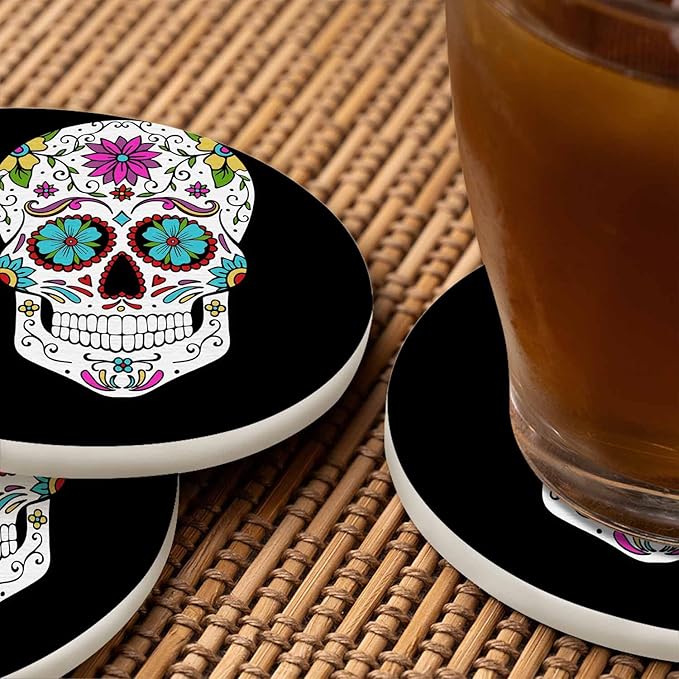 Sugar Skull Round Coaster for Home Coffee Table Human Head Mexican Spooky Skeleton Horror Bone Death Farmhouse Drink Coasters 100% Diatomite 4''X 4''X 0.35'' Printed Pattern