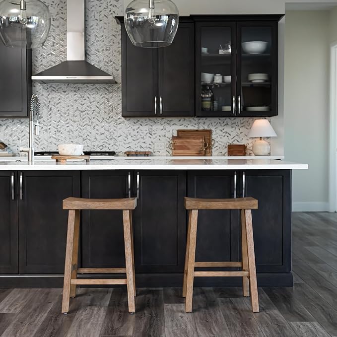 Maven Lane Kitchen Bar Stool, Modern Farmhouse Wood Counter Barstool, Kitchen Island Stool, Counter Height Stools for Kitchen, Wide Seat Backless Bar Stools, Vincent 26" (Antiqued Natural), Set of 4