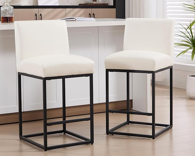 VESCASA Faux Leather 27 inches Counter Height Bar Stools with Padded Back, Modern Upholstered Counter Stool Chairs with Black Metal Frame for Kitchen Island, Set of 6, White
