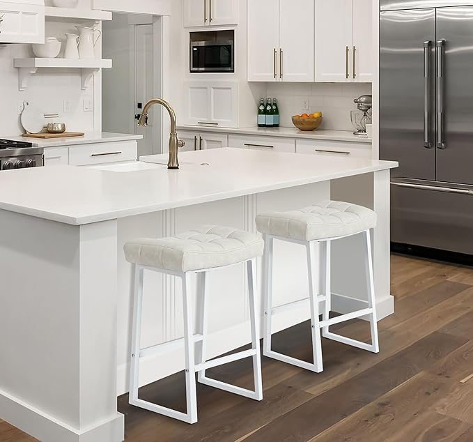 White & Beige Counter Height Bar Stools Set of 2 for Kitchen Counter Modern Backless Barstools with Upholstered Faux Leather Seat and Metal Frame Industrial 24 inch Bar Chairs