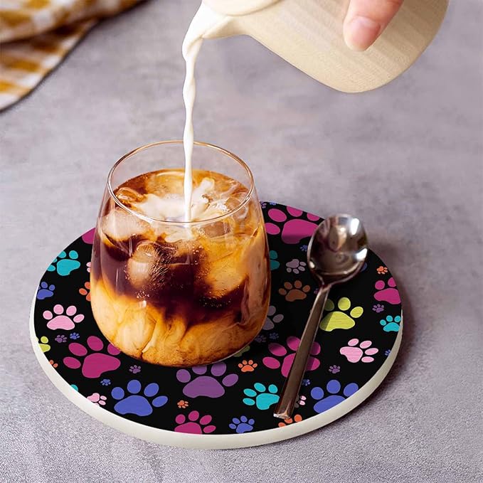 Colorful Paws Drink Coaster Repeating Cute Animal Puppy Cats Paws Print Beautiful Home Decor Diatomite Heat-Resistant Diatomite 4 Inch for Cold Drinks Wine Mugs Cups