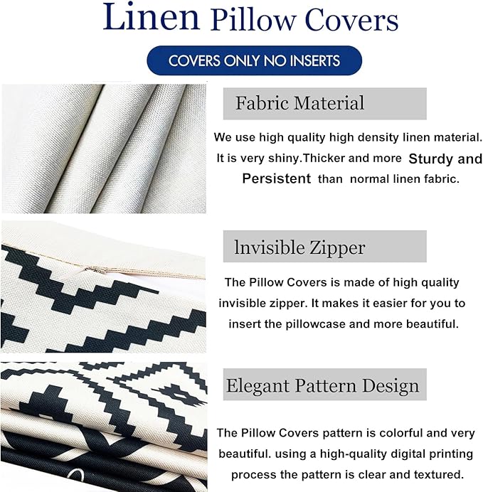 Decorative Throw Pillow Covers 18x18 inch Black White Pillow Covers for Couch Sofa Living Room Bedroom Farmhouse Outdoor Throw Pillow Cover,Modern Geometric Linen Square Throw Pillow Case Set of 4