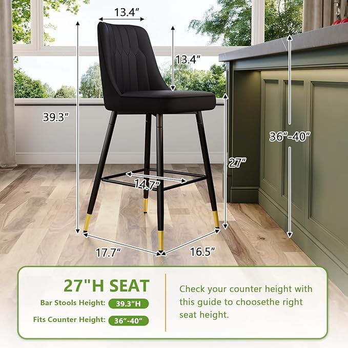 Black Bar Stools Set of 2,27" Counter Height Bar Stools Set of 2,Faux Leather Counter Stools with Soft Padded Seat & Curved Backrest,Modern Kitchen Island Chairs for Dining Café