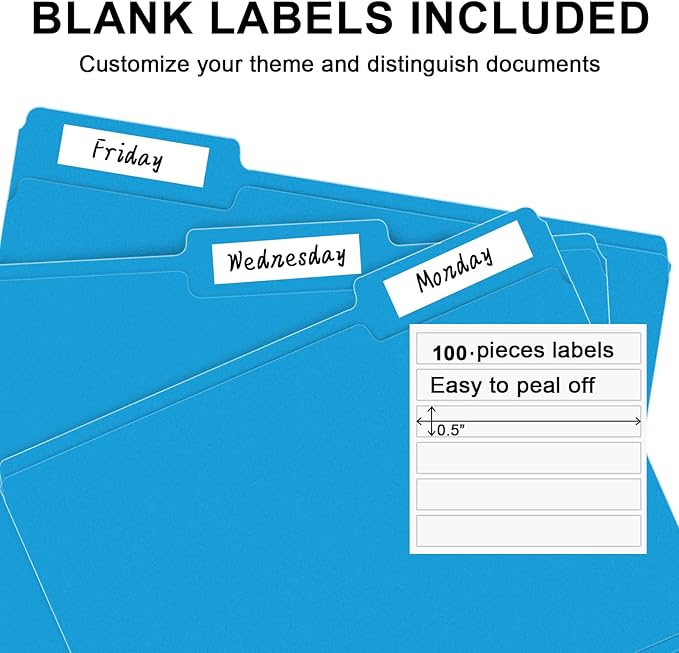 File Folder, RAZCC 100 Pack 1/3 Cut Tab File Folders Letter Size, Blue, Colored Folders with Tab Great for Organizing and Easy File Storage