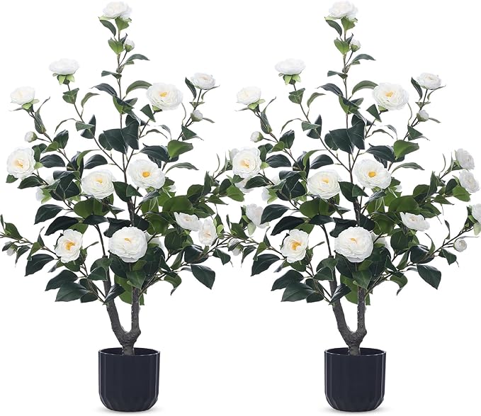 Jexine 2 Pack 36" Artificial Tree with Camellia, Fake Tree with 24 Blooming Flowers, Flower Plants Tree Faux Floral Plant Tree in Cement Pot for Indoor Outdoor Office Home Porch Decor (White, 36")