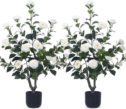 Jexine 2 Pack 36" Artificial Tree with Camellia, Fake Tree with 24 Blooming Flowers, Flower Plants Tree Faux Floral Plant Tree in Cement Pot for Indoor Outdoor Office Home Porch Decor (White, 36")