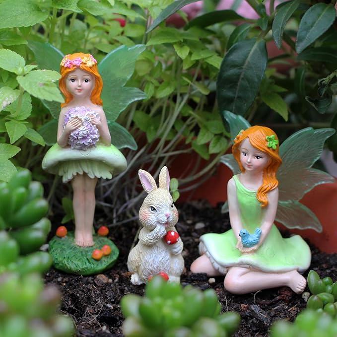 Mushroom Garden Miniatures Fairies Luminous Wings, Mini Garden Figurine Set Fairies Statues with a Rabbit for Outdoor Garden Yard Lawn Home Decor Lovely Resin Fairy Angel Accessories 3 PCS