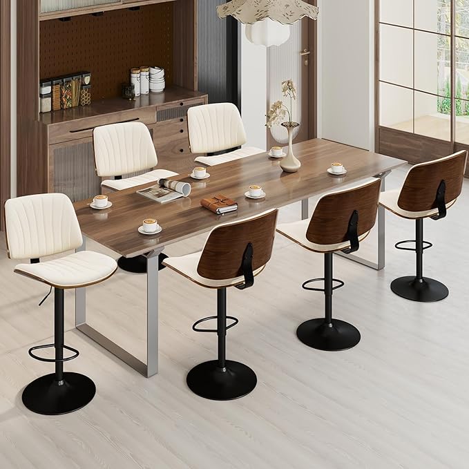 ECOTOUGE Bar Stools Set of 6, Adjustable Bentwood Barstools, Modern Swivel Bar Height Chairs with Back and Footrest for Kitchen Island, Counter, Dining Room(Ivory White/Beige)