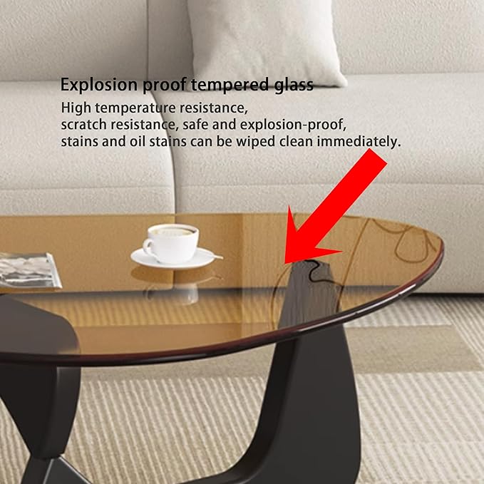 EASYSOUL Modern Glass Coffee Table, 32.68" D x 22.44" W x 15.75" H, Abstract Round Tea Tables for Living Room Home Office Industrial Cocktail Tables (Black-Brown Glass, 32.68")