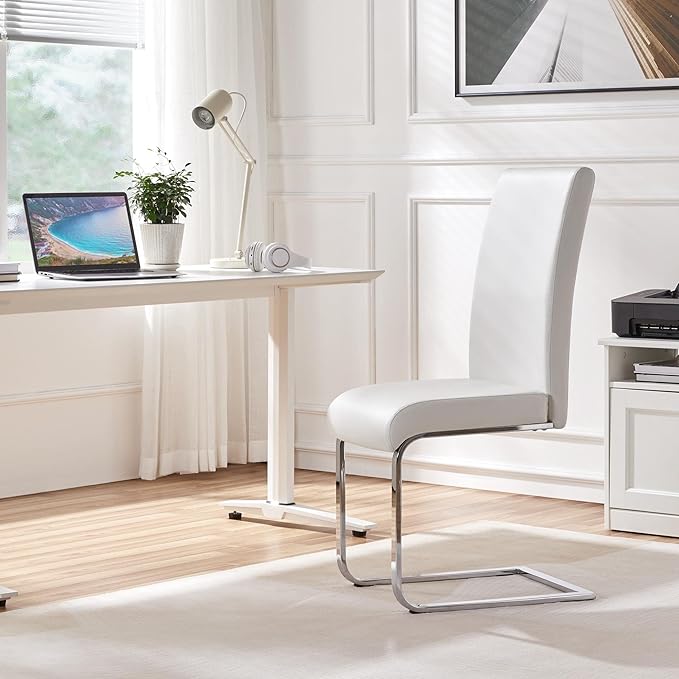 Yaheetech Dining Chairs Set of 4 Modern Faux Leather Upholstered Dining Room Chairs with High Back and Metal Chrome Legs for Kitchen/Living Room/Restaurant, White