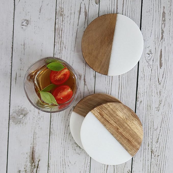 I-LAN Set of 4 Round Natural Wood and Marbel Style Drink Coasters for Coffee Wooden Table, Drink Bar Coaster Set/Tea Table Coasters for Living Room,Beer Cans,Bar Glasses,4 x 4 Inch