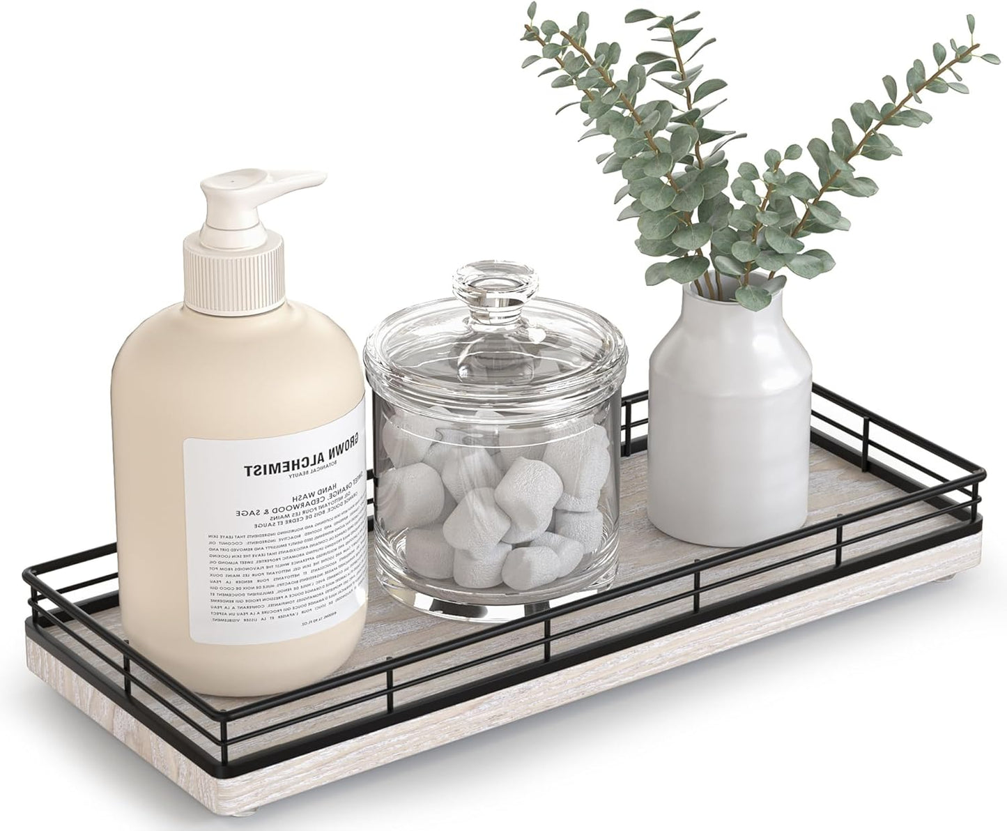 Bathroom Tray for Counter Top Organizer – Ash Wood Vanity Tray with Metal Frame for Dresser, Kitchen, Nightstand – Black & Farmhouse White Decorative Storage