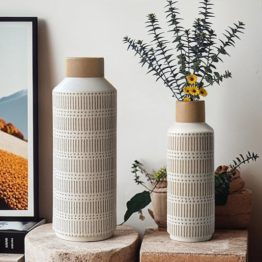 Rustic Ceramic Vase Set of 2 for Living Room Bedroom 15.75'' and 11.02'' Farmhouse Flower Bouquet Vases for Fake Plant Home Decor Office Fireplace Centerpieces Retro Vintage Modern Gift