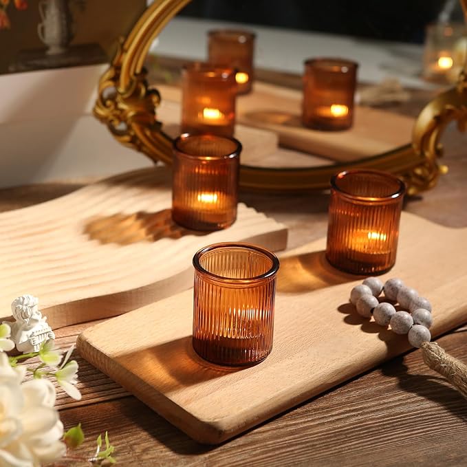 36pcs Amber Votive Candle Holders - Fall Decor, Ribbed Glass Tea Light Candle Holder, Candle Votives for Wedding Centerpiece & Home Decor