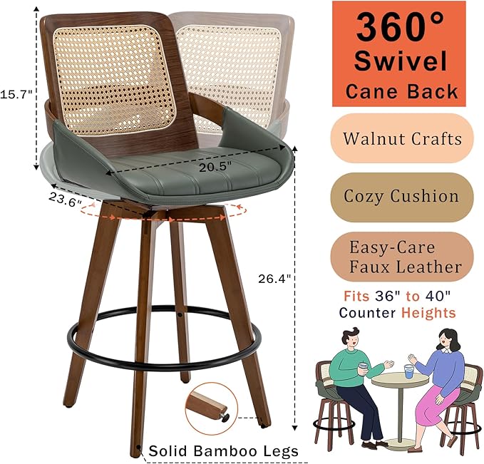 Counter Stools Set of 2 - 26.4 inch Counter Height Swivel Bar Stools with Cane Back, Curved Arms, Faux Leather Upholstered Seat, Counter Chairs for Island/Pub/Kitchen/Cafe (26" Seat Height, Green)