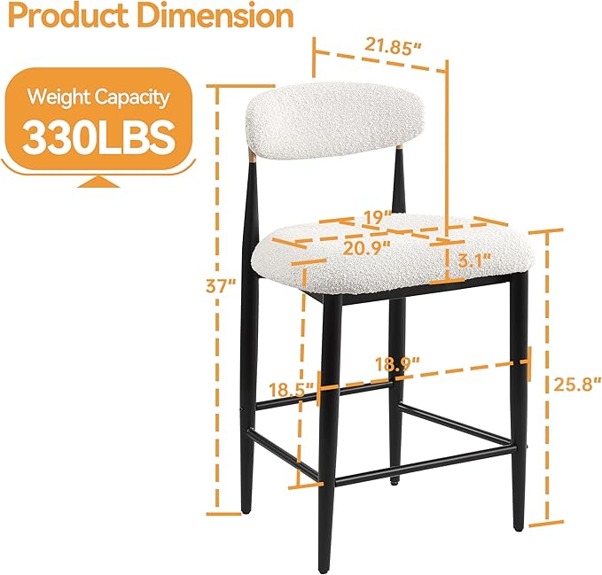 Morden Fort Counter Height Bar Stools Set of 4, Modern White Counter Stools with Black Metal Legs and Curved Backs, 26" Boucle Island Chairs for Kitchen and Home Bar