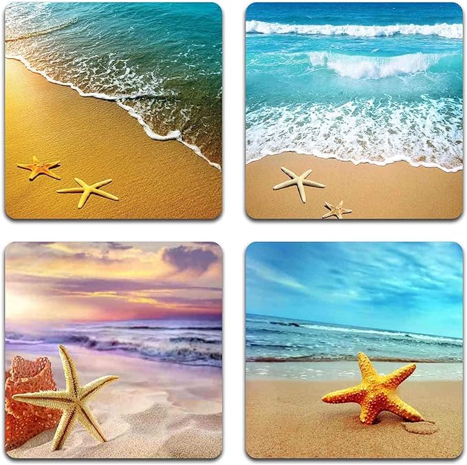 Starfish on The Beach Square Coaster Set - Made of Recycled Rubber - Set of 4
