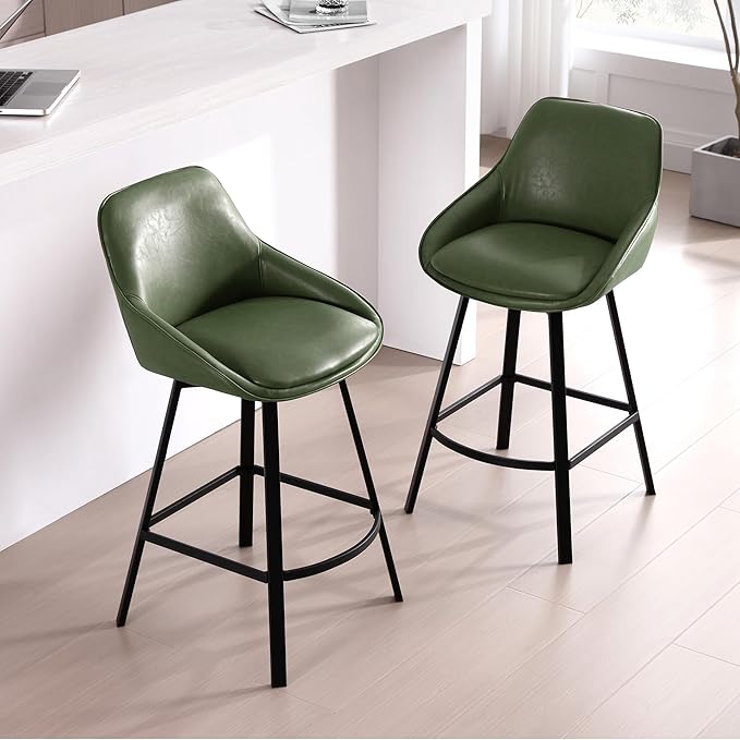 Zesthouse Swivel Counter Height Stools Set of 2, Modern Upholstered Barstools with Backs, 26'' Faux Leather High Chairs for Island Kitchen, Counter Height Chairs with Metal Legs, Green