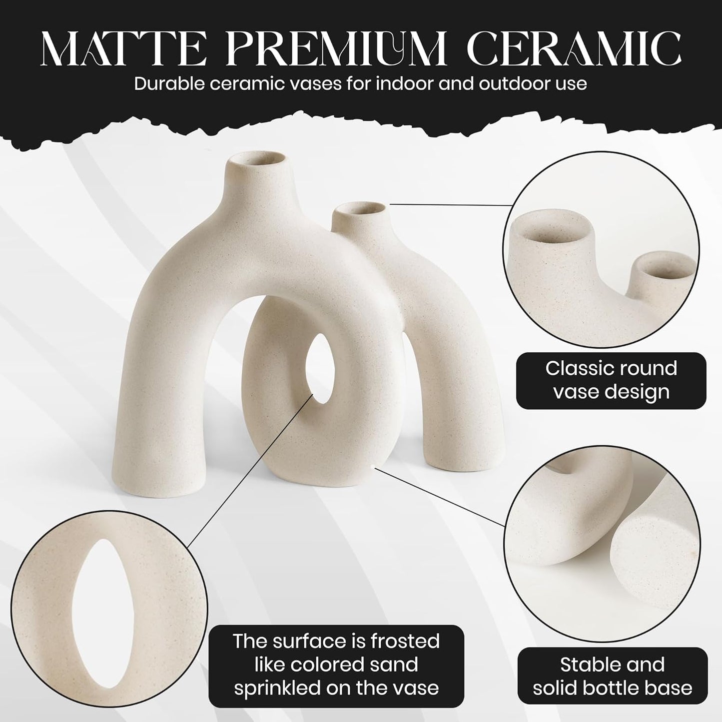 Ceramic Hug Vase (Creamy White) Modern Donut Style Hugging Vases for Flowers Minimalist Decor – Hollow Ceramic Waterproof Home Decor Vases for Living Room, Bed Room, Book Shelf, Entryway, Table