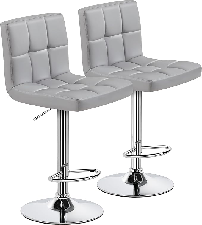 Yaheetech Bar Stools Set of 2, PU Leather Adjustable Barstools, Modern Counter Stools with Back and Footrest, Counter Height Barstools for Bar, Kitchen, Dining Room, Light Gray