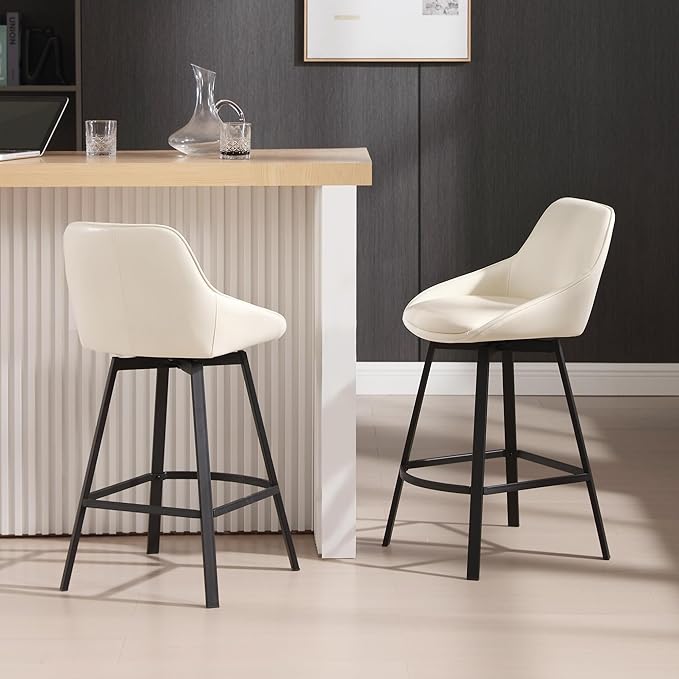 Zesthouse Swivel Counter Height Stools Set of 2, Modern Upholstered Barstools with Backs, 26'' Faux Leather High Chairs for Island Kitchen, Counter Height Chairs with Metal Legs, White