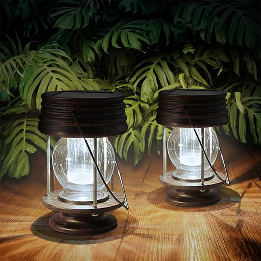 pearlstar Solar Lanterns Outdoor Hanging Solar Lights with Handle for Pathway Yard Patio Garden Decoration, Waterproof Outside Solar Table Lamp,2 Pack 5.5" H (White Lights)
