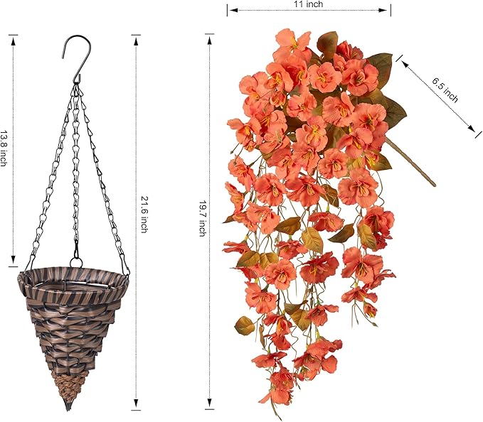 Artificial Fake Fall Hanging Flowers Plants Baskets, 5Pcs Faux Silk Hibiscus Long Vines Outdoor Plants in Planter UV Resistant Realistic Flower for Outside Home Porch Patio Garden (Fall Orange)