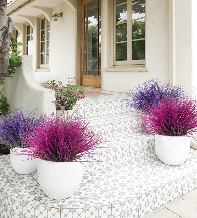 RECUTMS 12 Bundles Artificial Grass Fake Plants Outdoor Fake Grass UV Resistant Greenery Plastic Plants for Home Window Garden Office Patio Hanging Planter Pathway Front Porch Décorr(Fuchsia)
