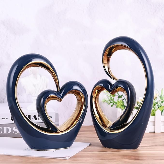 Ceramic Heart Decor Love Statue, Navy Blue Gold Double Hearts Sculptures for Home Table Centerpiece Decor, Valentine, Wedding, Decorative Items for Shelves, Coffee Table Decor (S Heart -Tall)