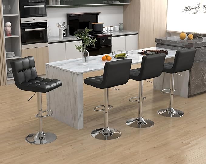 Modern PU Leather Bar Stools Set of 2, Adjustable Swivel Square Bar Chairs, Armless Counter Height Barstools with Back and Large Base for Island/Kitchen(Black)