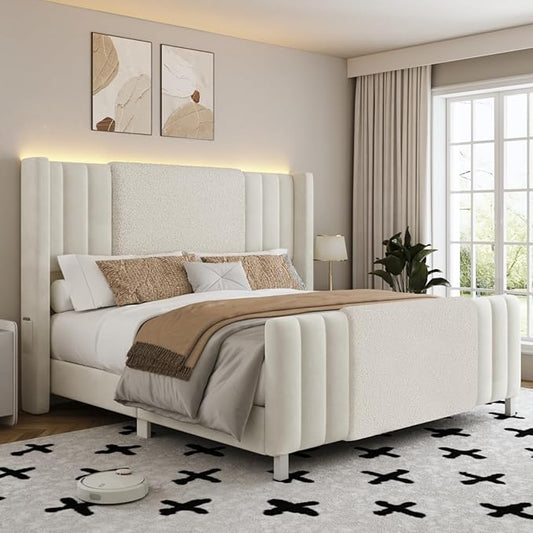 King Size Bed Frame with Tall Headboard and Footboard, Boucle and Velvet Upholstered Bed Frame King with LED Lights, Modern Platform Bed Frames, Noiseless, Easy Assembly, White