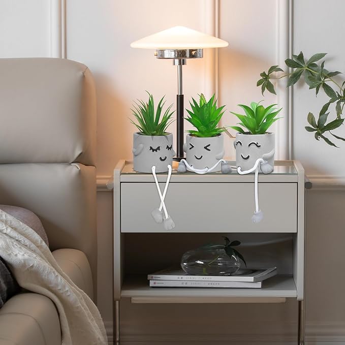 Set of 3 Artificial Succulent Plants, Fake Plant Office Decor with Gray Flower Pots, Small Faux Plants Indoor Mini Potted Succulents for Desk Shelf Bathroom Home Decor