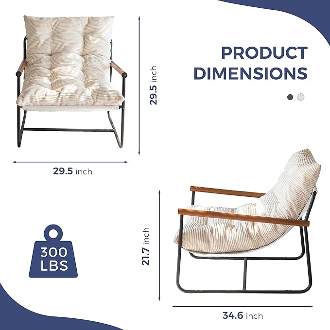 MAXYOYO Modern Accent Chair, Comfy Living Room Chair with Metal Frame Wooden Armrest, Upholstered Armchair with Soft Cushion for Bedroom Balcony Lounge Reading Room, Beige