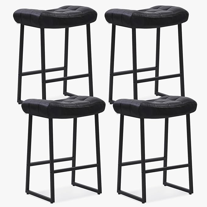 Black Modern Bar Stools Set of 4 for Kitchen Counter 24 inch Counter Height Backless Barstools with Upholstered Faux Leather Saddle Seat and Metal Frame Industrial Bar Chairs