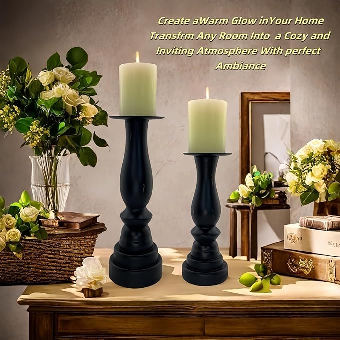 Black Worn Pillar Candle Holder - Rustic Wooden Farmhouse Candlestick Holders for - 2 Piece Set