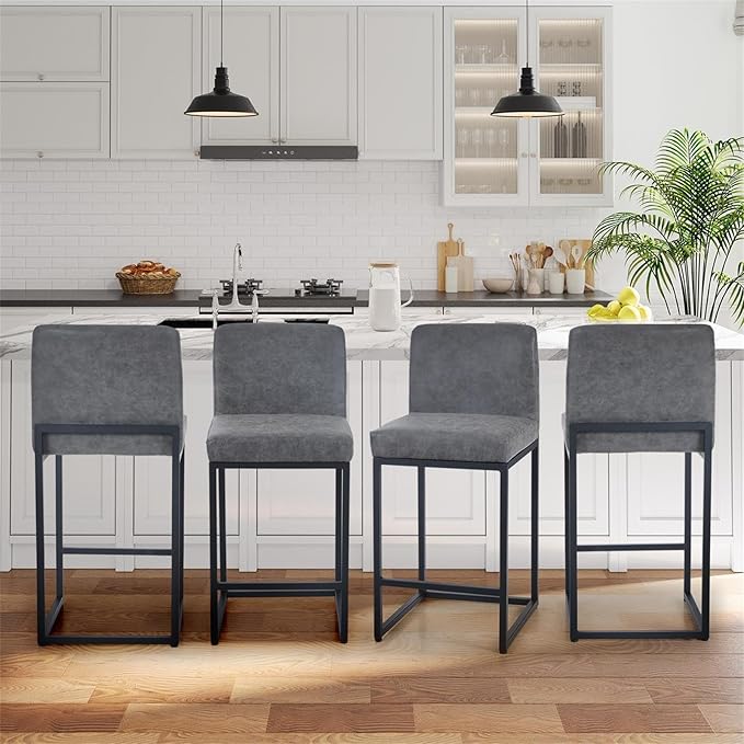 Sophia & William Grey Leather Bar Stools Set of 4, Counter Height 24" Bar Stools with Backs for Kitchen Island