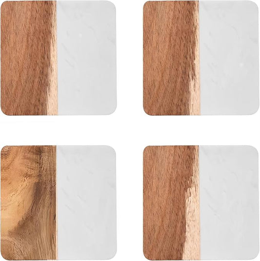 I-LAN 4 Pack 4 x 4 Inch Squre Natural Wood and Marbel Style Coasters for Drinks,White Marble and Natural Wood Joint Mixed Modern Style Heat-Resistant Coaster Set for Home Kitchen