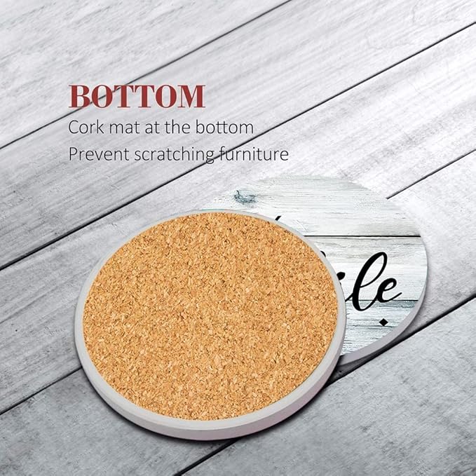 Britimes Coaster for Drinks Set of 6, Wooden Planks Wood Paint Table Absorbent Round Ceramic Stone Mat, with Cork Base and Metal Holder, Gift for Housewarming Room Bar Decor