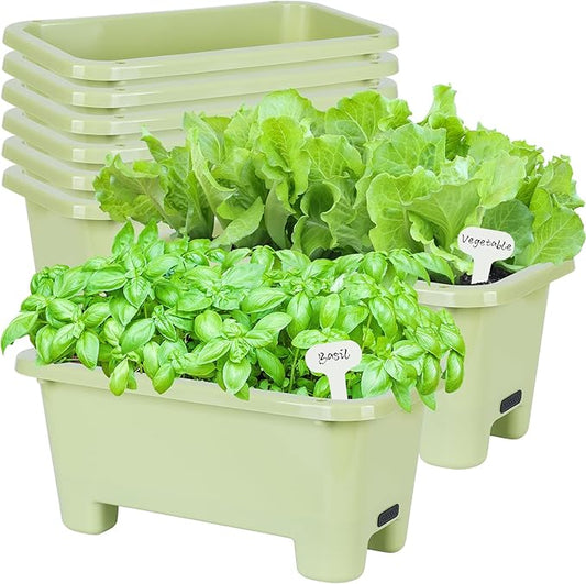 Self-Watering Rectangle Planter Boxes 8-Pack, 15.7-Inch Window Box Planter with Drainage Holes & Trays, Pots for Vegetables, Herbs, Flowers, Garden Windowsill Balcony (Light Green, 15.7*8.3*7.1 inch)