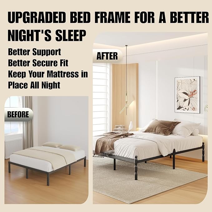 14 Inch Queen Size Bed Frame with 2 Pcs Mattress Slide Stopper, Queen Platform Bed Frame Metal, No Box Spring Needed, Easy Assembly, Heavy Duty, Noise Free, Non-Slip